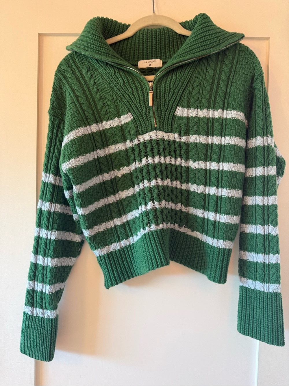 La Ligne Green and White Striped Half-Zip Cable Knit Sweater
